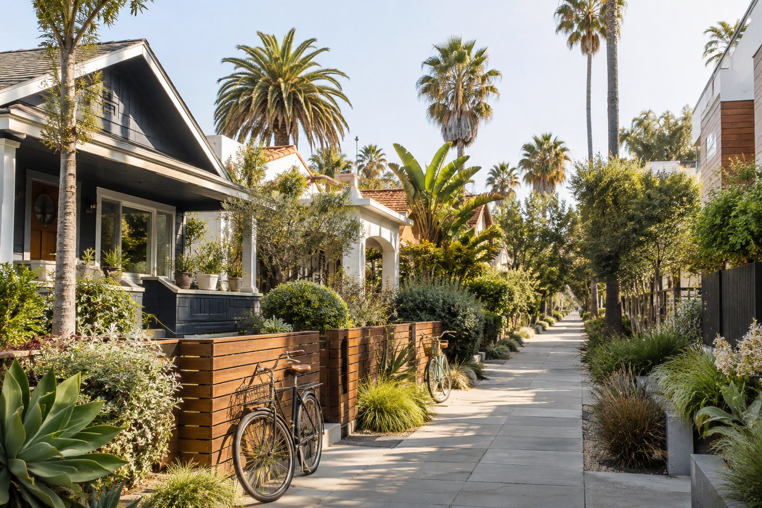 A quiet Venice walk street with bungalows and gardens, illustrative