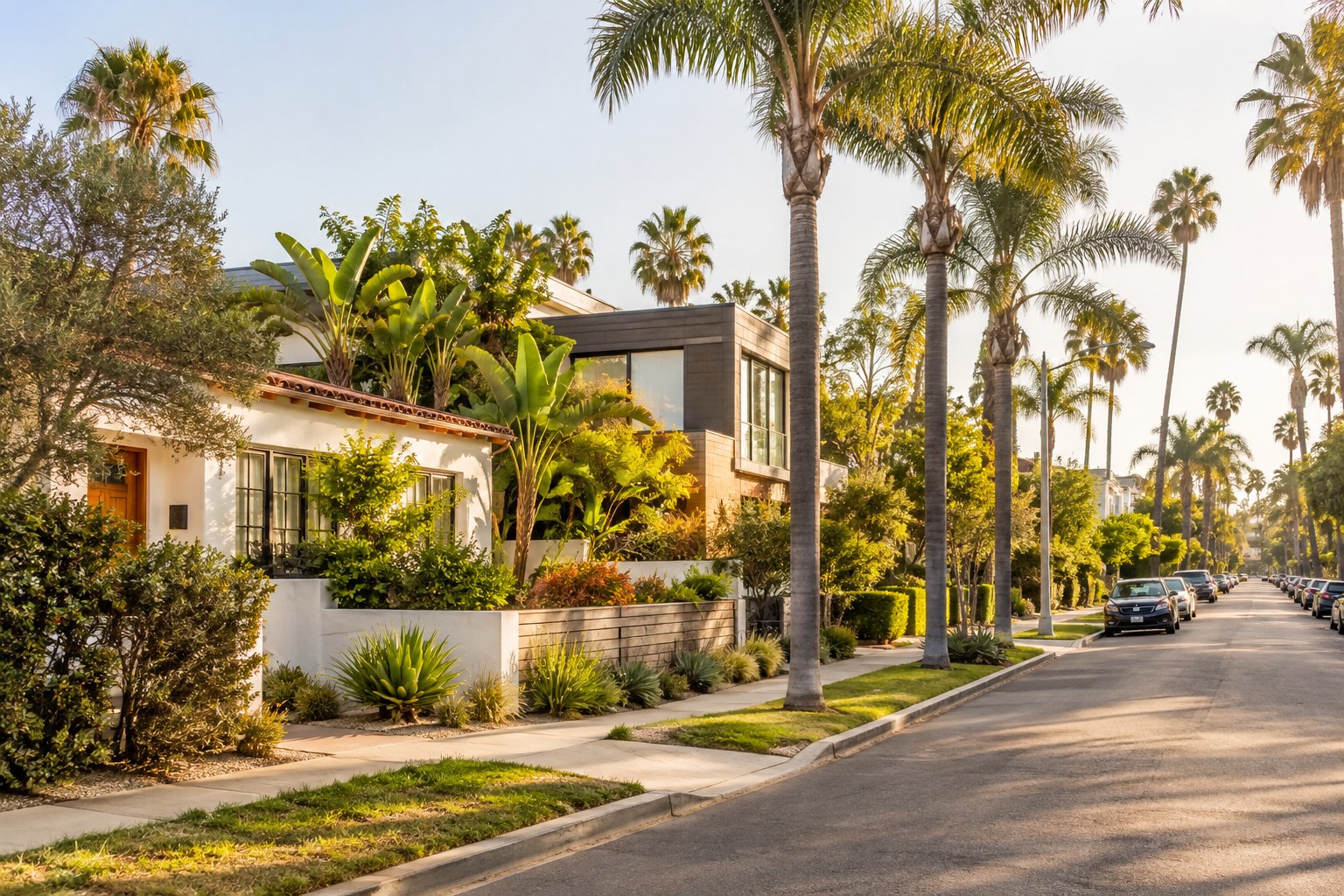 A Venice walk street with bungalows and gardens, illustrative