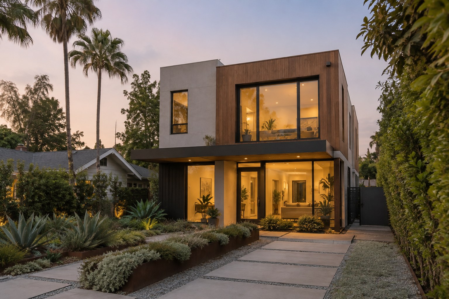 A coastal California home at dusk, illustrative