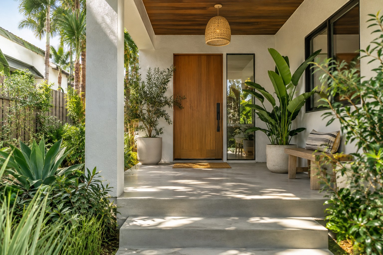 A covered front entry of a California home, illustrative